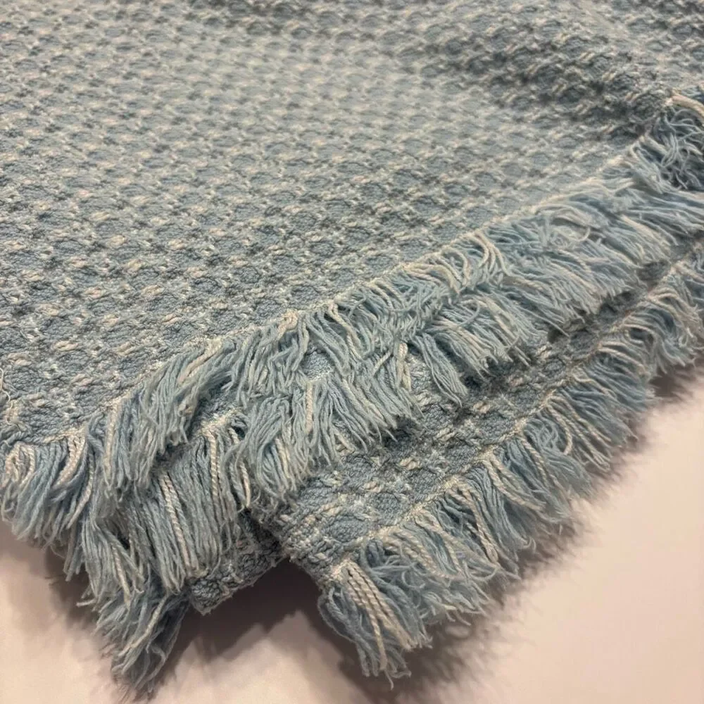 Vintage Homespun Fringed Tablecloth Blue White Rectangular Tablecloth 60